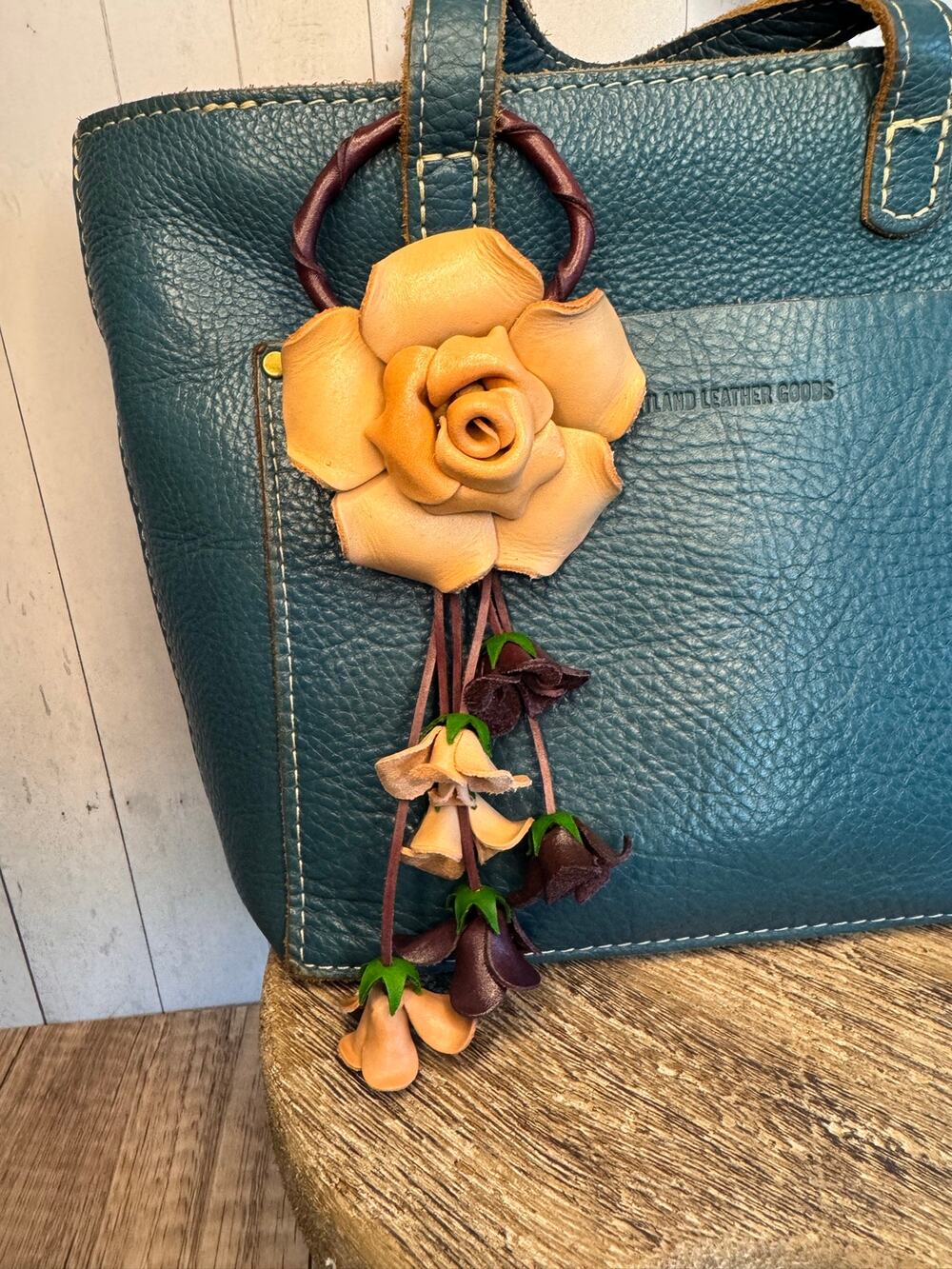 Rose Purse Charm Genuine Leather Tan Rose Summer Flower Bag Charm FAST SHIP